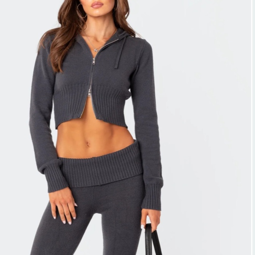 Edikted Charcoal Knit Flare Pants & Cropped Jacket Set